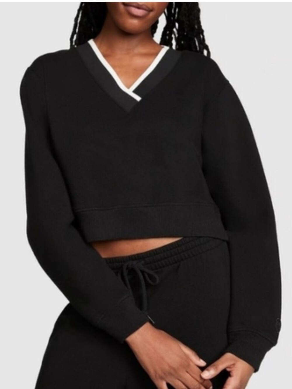 Victoria's Secret PINK Pure Black Elevated Fleece V-Neck Sweat Top